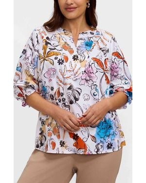 Foxcroft Alicia Floral Cotton Popover Top - Gray