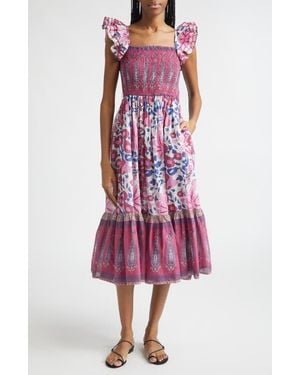 MILLE Olympia Smocked Midi Dress - Red