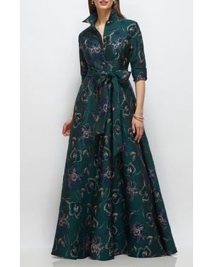 After Six Metallic Floral Jacquard Shirtdress Gown - Green