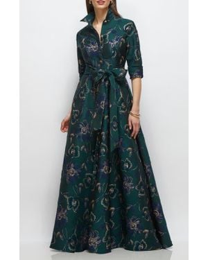 After Six Metallic Floral Jacquard Shirtdress Gown - Green