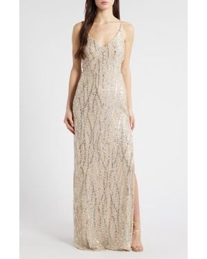 Jump Apparel Sequin & Bead Tie Back Gown - Natural