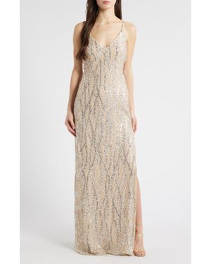 Jump Apparel Sequin & Bead Tie Back Gown - Natural