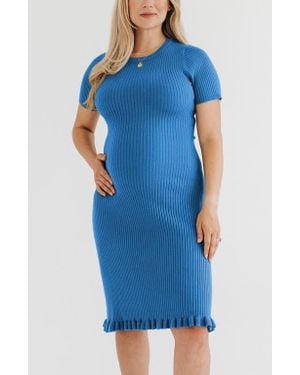 Marion Short Sleeve Knit Maternity Knee Length Sweater Dress With Hem Detail - Blue