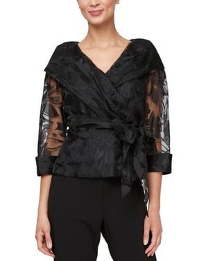 Alex Evenings Floral Tie Belt Illusion Three-Quarter Sleeve Top - Black
