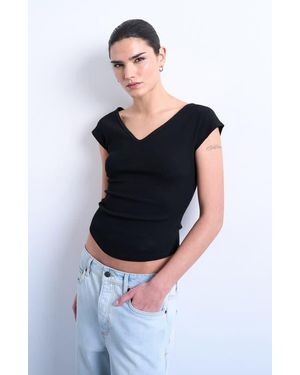TOPSHOP V-Neck Cap Sleeve Crop Stretch Cotton Rib Top - Blue