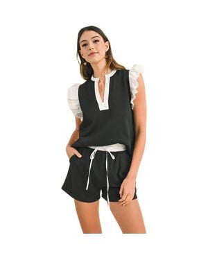 Knit & Lounge Ruffle Sleeve Two-Piece Lounge Set - Black