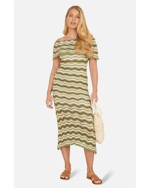 Yumi' Stripe Crochet Knit Bardot Midi Dress - Metallic