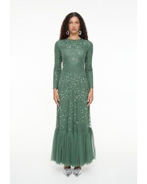 MARYISA Modest Embellished Sequin Beaded Dress Maxi With Long Cape - Green