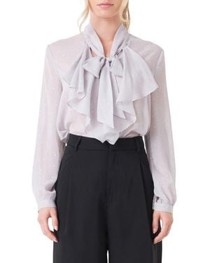 Endless Rose Tie Neck Clip Dot Chiffon Top - Gray