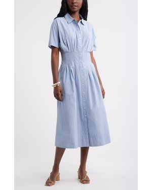 Caslon Stripe Pleated Dolman Sleeve Midi Shirtdress - Blue