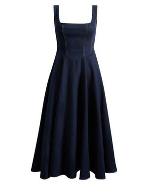 Odd Muse Square Neck Cotton Blend Denim Midi Dress - Blue