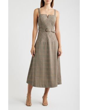 ZOE AND CLAIRE Plaid Sleeveless Belted Midi Dress - Natural