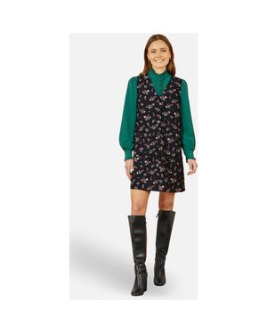 Yumi' Floral Print Pinafore Dress - Black