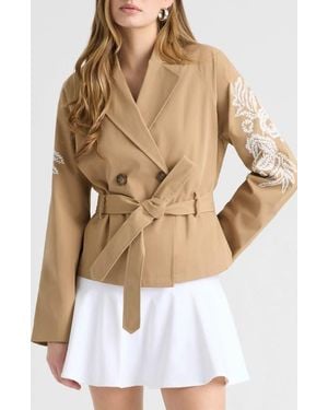 NVLT Embroidered Belted Crop Trench Coat - White