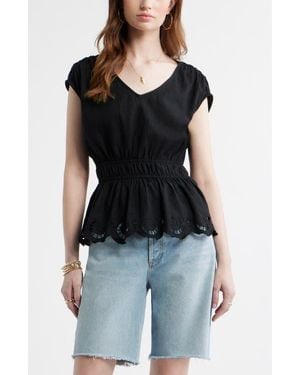 Treasure & Bond Eyelet Hem Peplum Top - Black
