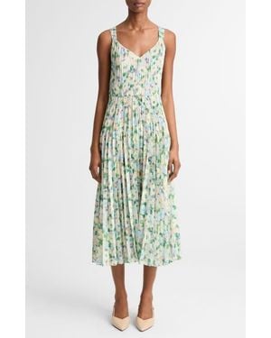 Vince Painted Garden V-Neck Pleated Dress - Green