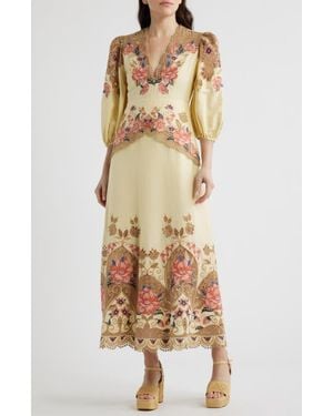 FARM Rio Embroidered Lace Linen Blend Midi Dress - Natural