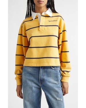 Sporty & Rich Serif Logo Embroidered Cotton Long Sleeve Rugby Polo - Yellow