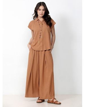 Single Stitch Button Front Shirt With Palazzo Pants Set - Brown
