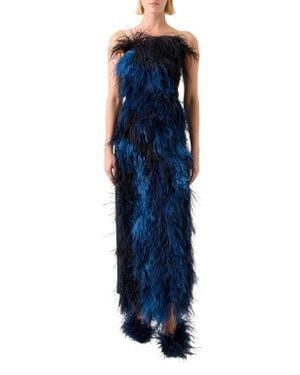 Akris Corsage Strapless Feather Front Silk Gown - Blue
