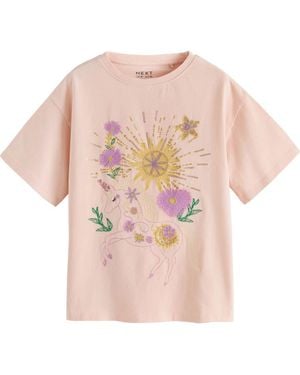 Next Sequin Embellished Unicorn Graphic Cotton T-Shirt - Pink