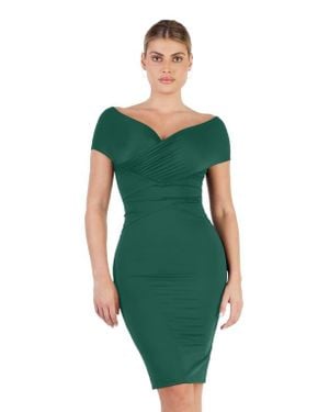 Popilush Shapewear Ruched Off-Shoulder Sculpting Midi Dress - Green