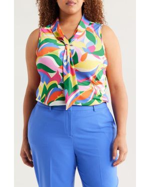 Tahari Sailor Leaf Print Tie Neck Sleeveless Top - Blue