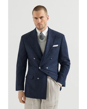 Brunello Cucinelli Comfort Wool And Cashmere Prince Of Wales Flannel One-And-A-Half Breasted Tailor Blazer With Metal Buttons - Blue