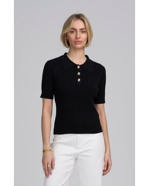Elle Collection Fine Gauge Ribbed Short Sleeve Henley - Black