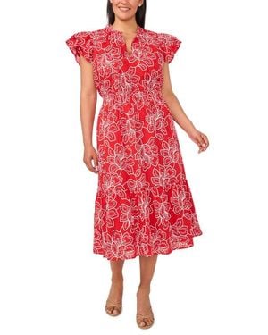 Cece Floral Eyelet Lace Midi Dress - Red