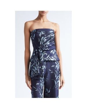 Lela Rose Metallic Floral Brocade Strapless Cascade Top - Blue