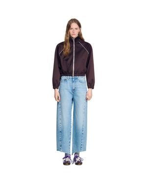 Sandro Cropped Embroidered Satin Jacket - Blue