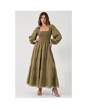 Modenaire Smocked Bodice Maxi Dress With Lace Inset Tiers And Long Puff Sleeves - Green