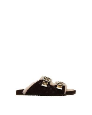 Burberry Check Shearling Urchin Sandals - Black