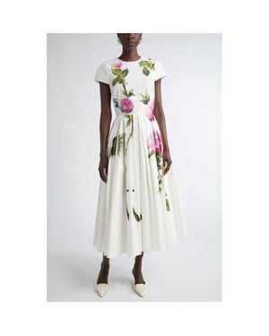 Oscar de la Renta Painted Roses Pleated Stretch Poplin Dress - White