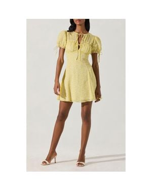 Astr Print Puff Sleeve Tie Front Dress - Yellow