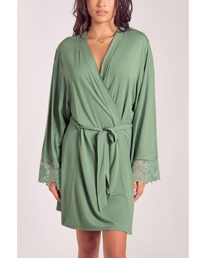 iCollection Lace-Trimmed Modal Robe With Adjustable Ties - Green