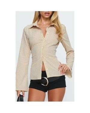 Princess Polly Eryx Check Tie Back Cotton Blend Button-Up Shirt - Natural