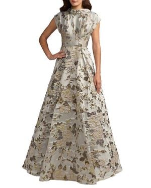 Mac Duggal Floral Mock Neck Brocade Cap Sleeve Ball Gown - Multicolor