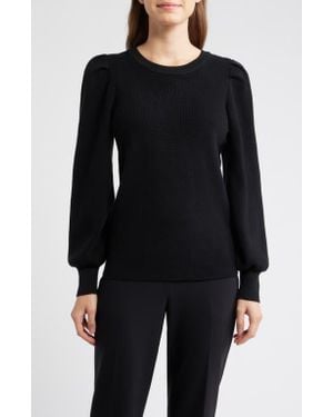 Anne Klein Pleat Sleeve Crewneck Sweater - Black