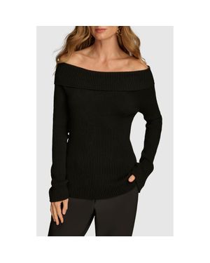 Donna Karan Foldover Off The Shoulder Rib Sweater - Black