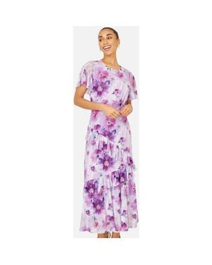 Yumi' Floral Print Frill Midi Dress - Purple
