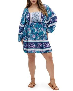 City Chic Rose Print Long Sleeve Minidress - Blue