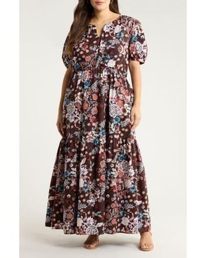 Sugarlips Journee Floral Print Puff Sleeve Maxi Dress - Brown