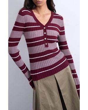TOPSHOP Stripe V-Neck Henley Sweater - Red