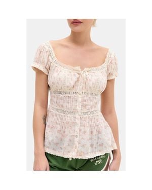 BDG Faye Ditsy Floral Lace Trim Peplum Top - Natural