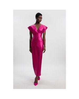 Karen Millen Deep V-Neck Angel Sleeve Maxi Dress - Pink