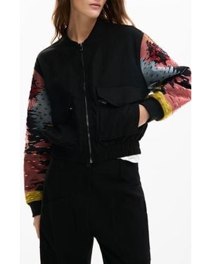 Desigual Bead Detail Mixed Media Bomber Jacket - Black