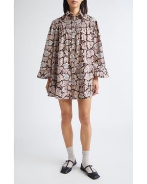 Bode Wisteria Long Sleeve Cotton & Silk Minidress - Natural