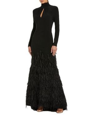 Mac Duggal Jersey Long Sleeve High Neck Feather Gown - Black